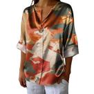 Blusa domirica japonesa com estampa de guindaste, cetim, decote em V, feminina Blusa domirica japonesa com estampa de guindaste, cetim, decote em V, feminina