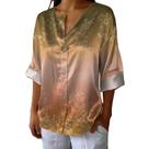 Blusa domirica japonesa com estampa de pássaro de cetim com decote em V, manga 3/4