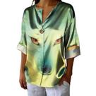 Blusa domirica japonesa com estampa ondulada de cetim com decote em V manga 3/4