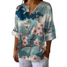 Blusa domirica japonesa com estampa ondulada de cetim com decote em V manga 3/4 Blusa domirica japonesa com estampa ondulada de cetim com decote em V manga 3/4