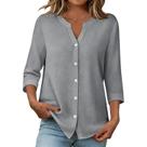 Blusa domirica Notch com decote em V com botões para mulheres cinza