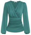 Blusa elegante GRACE KARIN azul pavão, decote em V, manga comprida Blusa elegante GRACE KARIN azul pavão, decote em V, manga comprida