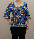Blusa Estampada Azul de Viscose com Decote Quadrado e Manga 3/4