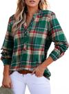 Blusa feminina Astylish, xadrez, decote em V, manga comprida, verde névoa