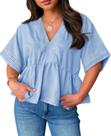 Blusa feminina Beautife Plus Size Babydoll Eyelet com decote em V azul