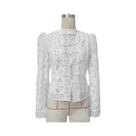 Blusa Feminina Branca De Manga Longa Com Renda, Chique, Vazada Com Flores, Abotoamento Simples,