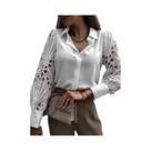 Blusa Feminina Branca De Renda Vazada Com Manga Longa, Camisa Vintage Com Botões, Top Preto Com