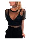 Blusa Feminina Camiseta T-shirt Tule Transparente Manguinha