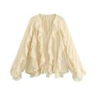 Blusa Feminina Casual Com Babados, Decote Em V, Renda Vazada, Estilo Soltinho Para Primavera. Blusa Feminina Casual Com Babados, Decote Em V, Renda Vazada, Estilo Soltinho Para Primavera.