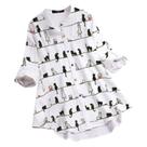 Blusa feminina casual com estampa de gato manga comprida com decote em O botão solto