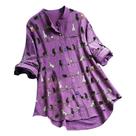 Blusa feminina casual com estampa de gato manga comprida com decote em O botão solto