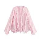 Blusa Feminina Casual De Primavera Com Babados, Decote Em V, Renda E Vazados, Modelo Soltinho