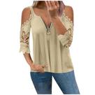 Blusa feminina casual de renda meia manga com zíper oco para fora