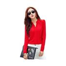 Blusa Feminina Chiffon Manga Comprida - Decote V, Slim Fit, Moda Escritório Blusa Feminina Chiffon Manga Comprida - Decote V, Slim Fit, Moda Escritório