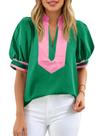 Blusa feminina Cicy Bell Color Block, manga folhada, decote em V, verde