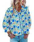 Blusa feminina Cicy Bell floral com botões, manga 3/4, azul