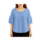 Blusa Feminina Com Babados Em Camadas, Manga 3/4, Gola Redonda, Cor Sólida, Casual, S-3XL ZANZEA