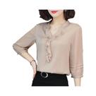 Blusa Feminina Com Decote Em V E Acabamento Com Babados, Manga Três Quartos, Solta, Slim Fit,