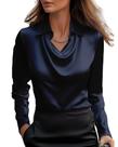 Blusa feminina CORIRESHA elegante com gola alta, cetim, azul marinho Blusa feminina CORIRESHA elegante com gola alta, cetim, azul marinho