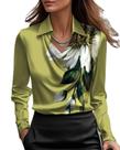 Blusa feminina CORIRESHA elegante com gola alta, flor verde acetinada Blusa feminina CORIRESHA elegante com gola alta, flor verde acetinada