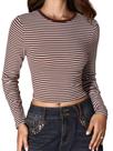 Blusa feminina Crop Top Milumia, ajustada, retrô, manga comprida, listrada, marrom