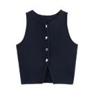 Blusa Feminina Cropped de Malha - Sem Mangas, Gola Redonda e Botões - Slim Fit