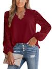 Blusa feminina CUPSHE, renda elegante, manga comprida, decote em V, vermelha S