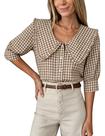 Blusa feminina Daacee, xadrez, de tamanho grande, com babados, decote em V, marrom