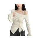 Blusa Feminina De Algodão Manga Longa Cropped Ombro a Ombro Com Manga Flare Básica Lisa Casual Para