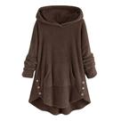 Blusa feminina de lã assimétrica com bainha de botão plus size com capuz