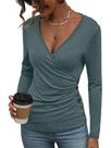 Blusa feminina de manga comprida com decote em V EasyGala verde escuro XXL