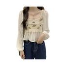 Blusa Feminina De Manga Longa Em Crochê Com Bordado De Flor Em Chiffon, Decote Quadrado, Estilo