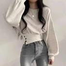 Blusa Feminina De Outono Com Decote Redondo, Manga Lanterninha, Botão, Casual, Esportiva E Chic Para