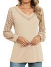 Blusa feminina de renda de manga comprida com decote em V, blusa casual de negócios Blusa feminina de renda de manga comprida com decote em V, blusa casual de negócios