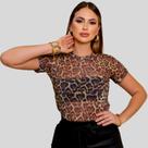 Blusa Feminina de tule Manga Curta Onça