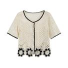 Blusa Feminina De Verão Com Bordado De Girassol Em Crochê, Manga Curta, Botões Frontais, Semi