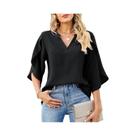 Blusa Feminina De Verão Em Chiffon Com Decote Em V, Manga Larga Casual E Caimento Solto Blusa Feminina De Verão Em Chiffon Com Decote Em V, Manga Larga Casual E Caimento Solto