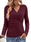 Blusa feminina EasyGala, manga comprida, franzida, decote em V, cor de vinho