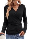 Blusa feminina EasyGala, manga comprida, franzida, decote em V, preta