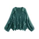Blusa Feminina Elegante Com Decote Em V, Babados, Manga Comprida, Botões E Semi-transparente. Blusa Feminina Elegante Com Decote Em V, Babados, Manga Comprida, Botões E Semi-transparente.