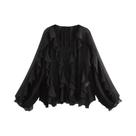 Blusa Feminina Elegante Com Decote Em V, Babados, Manga Comprida, Botões E Semitransparente.