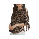 Blusa Feminina Elegante de Meia Manga com Estampa de Leopardo e Cadarço Boêmio