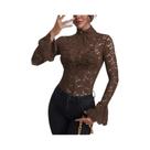 Blusa Feminina Elegante De Renda Slim-fit Com Gola Alta, Manga Longa E Detalhes Vazados Em Crochê -