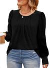 Blusa feminina Eytino plus size plissada com gola redonda, 1x preta