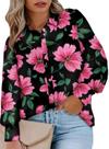 Blusa feminina Eytino, tamanho grande, decote em V, manga comprida, floral, 5X