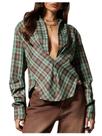 Blusa feminina Floerns xadrez com botões, manga comprida, verde Blusa feminina Floerns xadrez com botões, manga comprida, verde