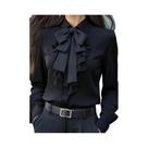 Blusa feminina formal de manga comprida com gola e laço e babados Blusa feminina formal de manga comprida com gola e laço e babados