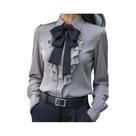 Blusa feminina formal de manga comprida com gola e laço e babados Blusa feminina formal de manga comprida com gola e laço e babados