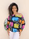 Blusa Feminina Gola Canoa Manga Longa Estampada Geométrica Retro