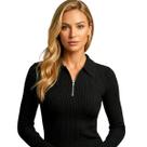 Blusa Feminina Gola Polo com Zíper Manga Longa Malha Canelada Slim Fit Casual Moderna Elegante